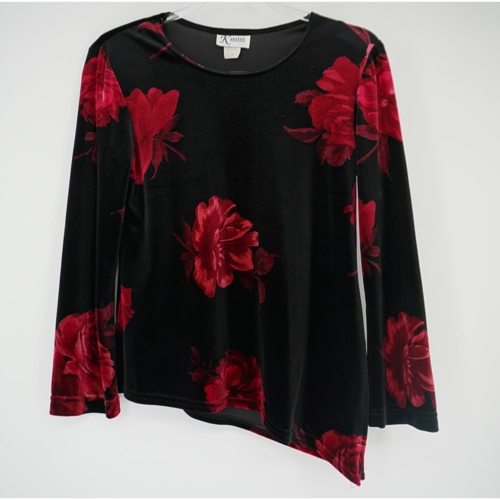 Vintage Womens Black Red Rose Floral Velvet Asymmetrical Tunic Top 4P Whimsigoth